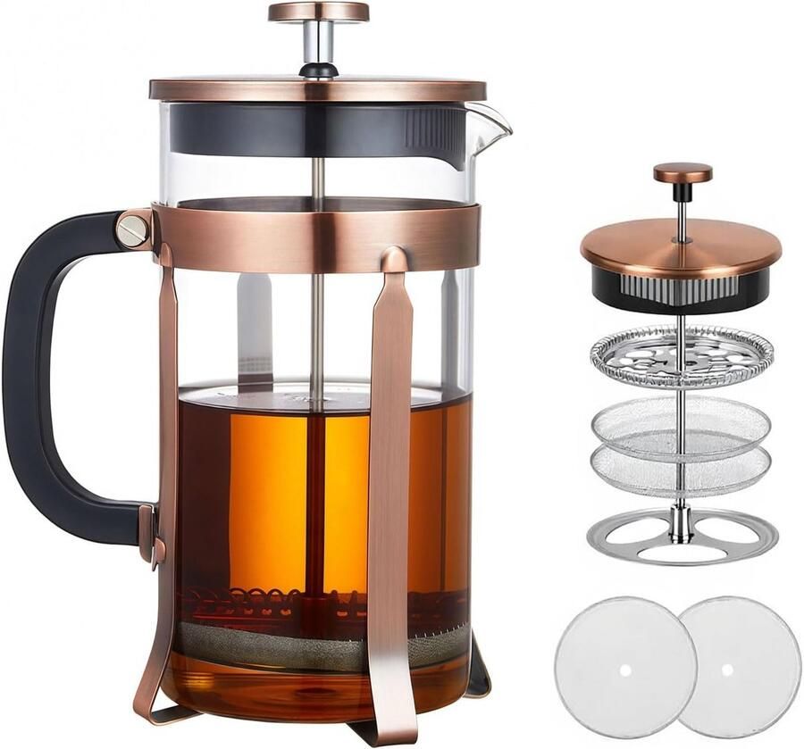 Koffiezetapparaat 1 Liter van roestvrij staal met 4 filters borosilicaatglas hittebestendig en BPA-vrij voor perfecte koffie en thee - Foto 1