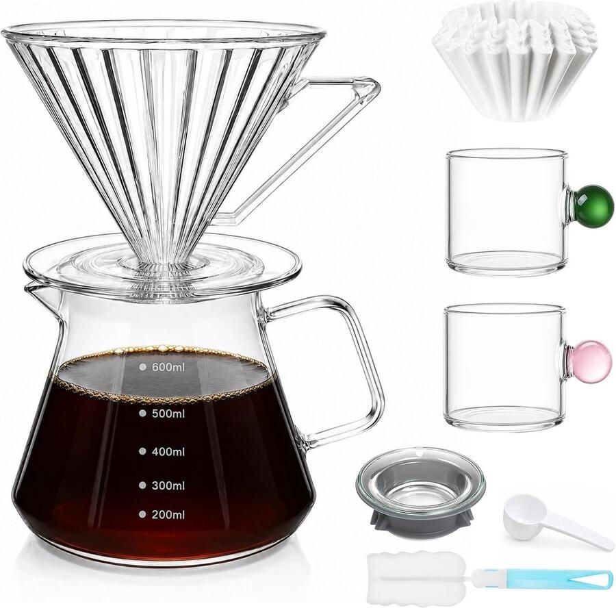 Koffiezetapparaat 600ml glazen koffiepot met deksel filterbeker 50 papieren filters glazen koffiefles voor thuis kampere Lepel koffiekopje， koffiezetapparaat 2-4 kopjes