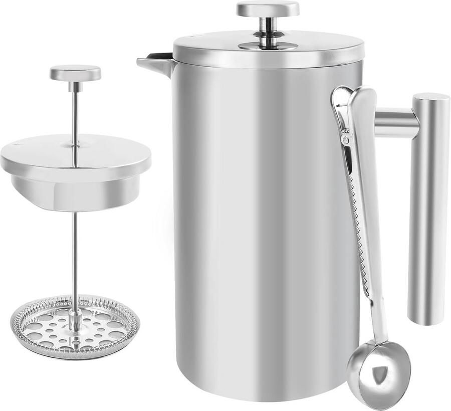 Koffiezetapparaat French Press 1 Liter Dubbelwandig Roestvrij Staal met 3-Traps Filter
