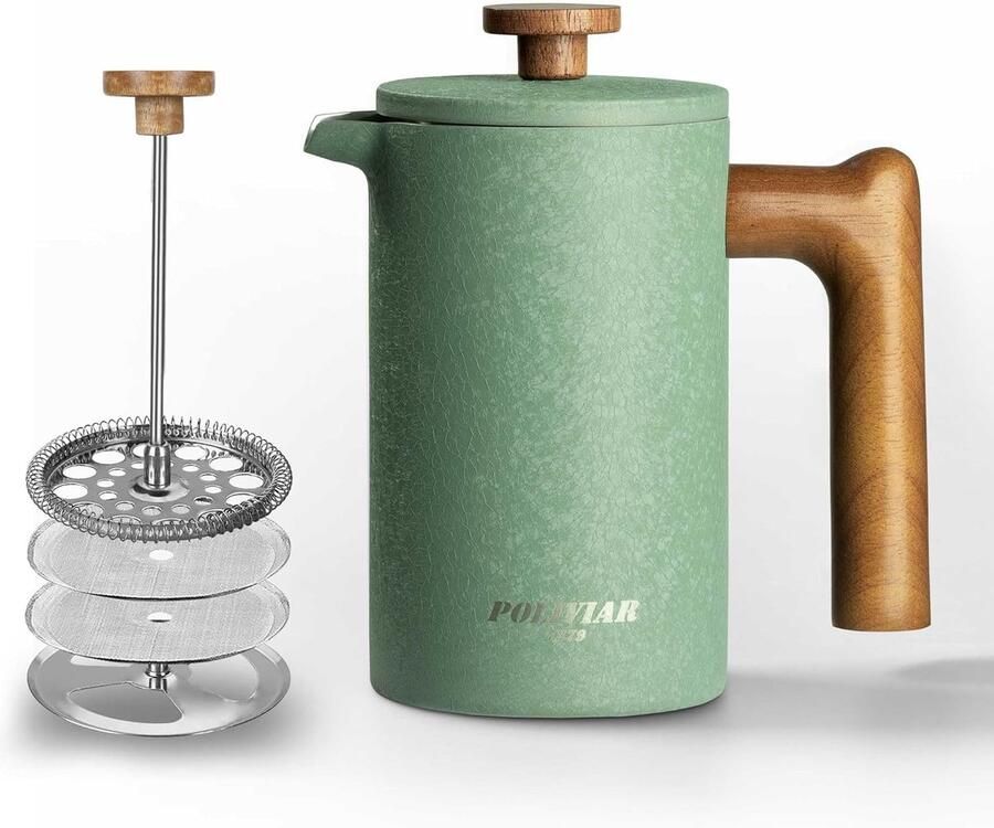Koffiezetapparaat French Press Dubbelwandige Cafetiere Koffie Thee Zetten Houten Handvat 4 Kopjes 0.6L Groen