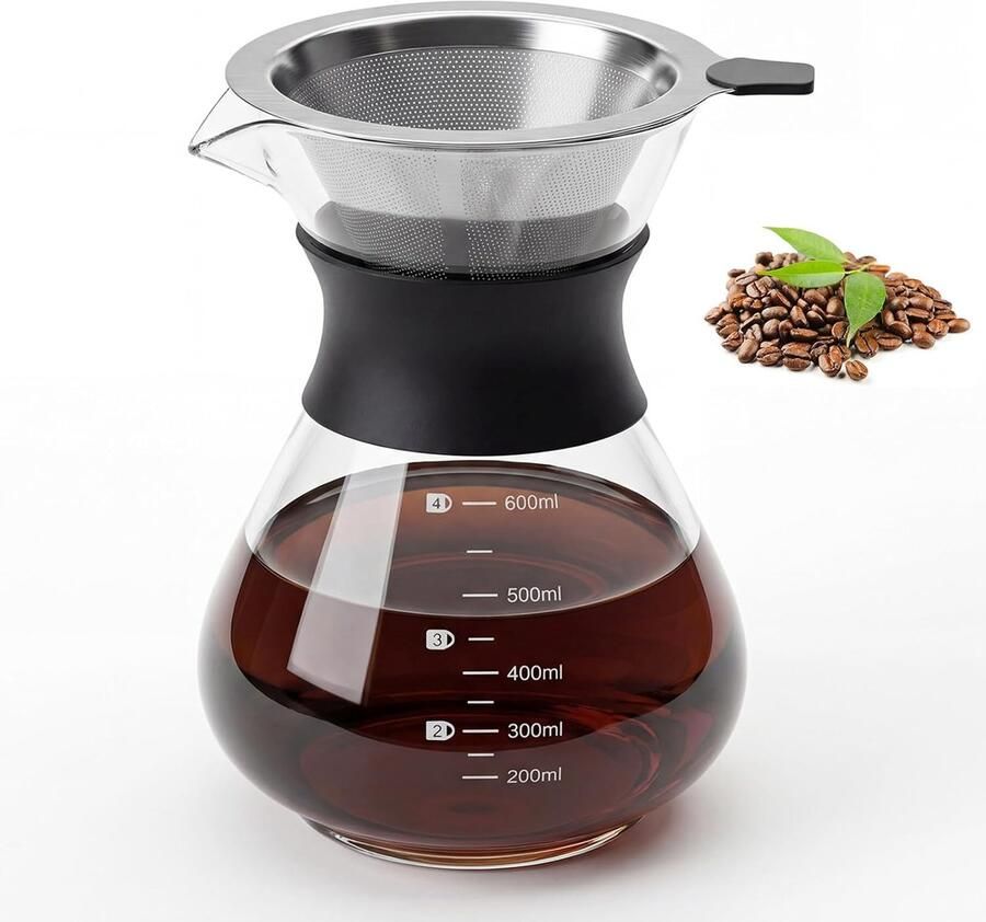 Koffiezetapparaat Glas Koffiekan Filter Verse Koffie Maken Herbruikbaar Filter 600 ml Capaciteit Zwart