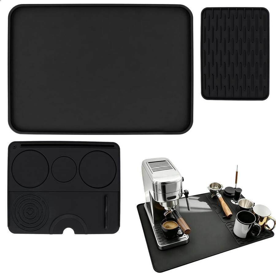 Koffiezetapparaat Mat Afdruiprek Set Koffiehoek Organiseren 3-in-1 Siliconen Ontwerp 54.5 x 38.5 cm Zwart