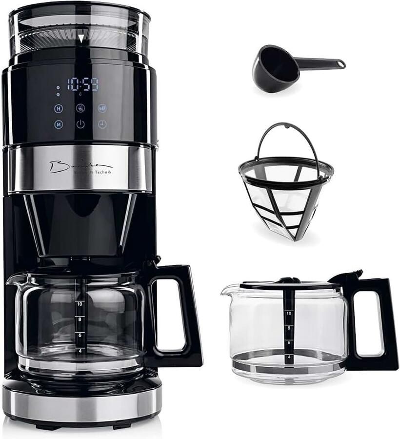 Koffiezetapparaat met maalwerk filterkoffiezetapparaat met glazen kan 900 W filtermachine met aanraakscherm en timerfunctie voor maximaal 10 kopjes koffiepot van 1 25 liter voor bonen en