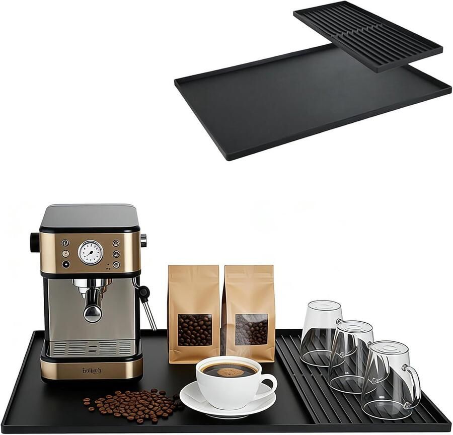 Koffiezetapparaat onderlegger: afdruipmat servies 19 x 39 cm + koffiemat met rand 60 x 40 cm antislip hittebestendige mat voor keuken zwart