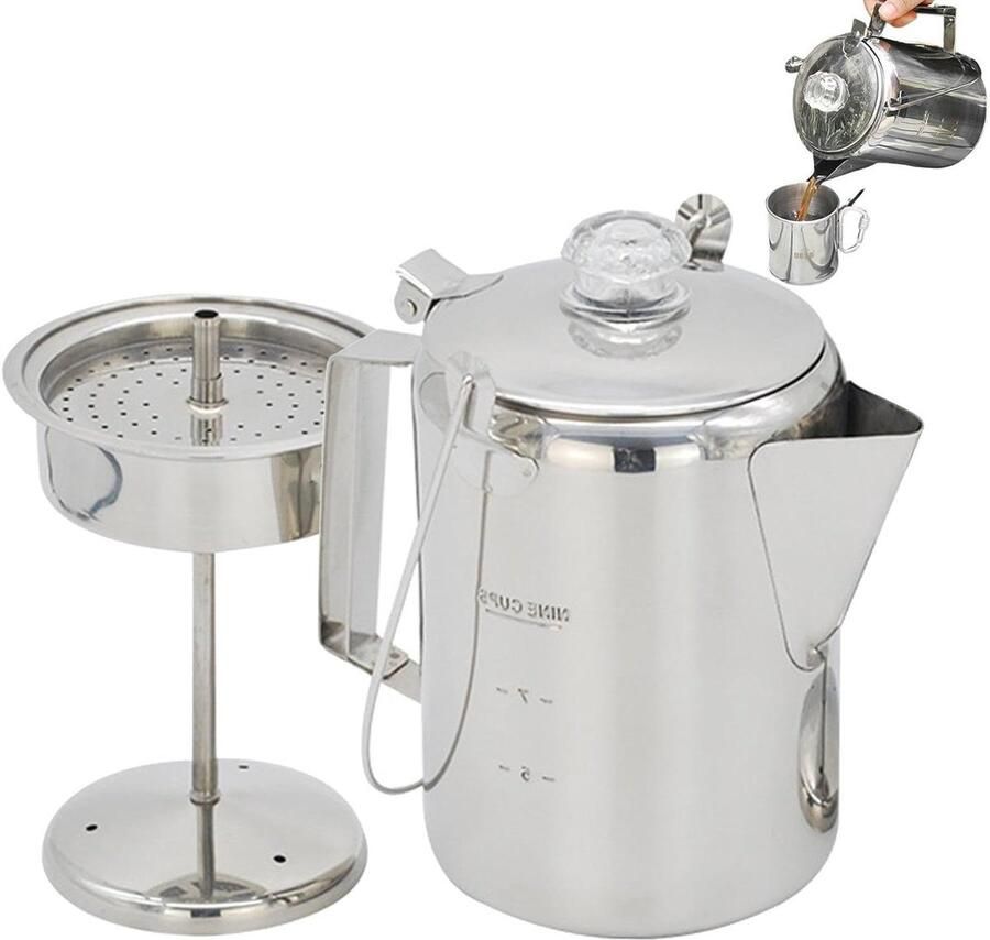 Koffiezetapparaat Outdoor Percolator Kamperen Buiten Roestvrij Staal 9 Kopjes Zilver