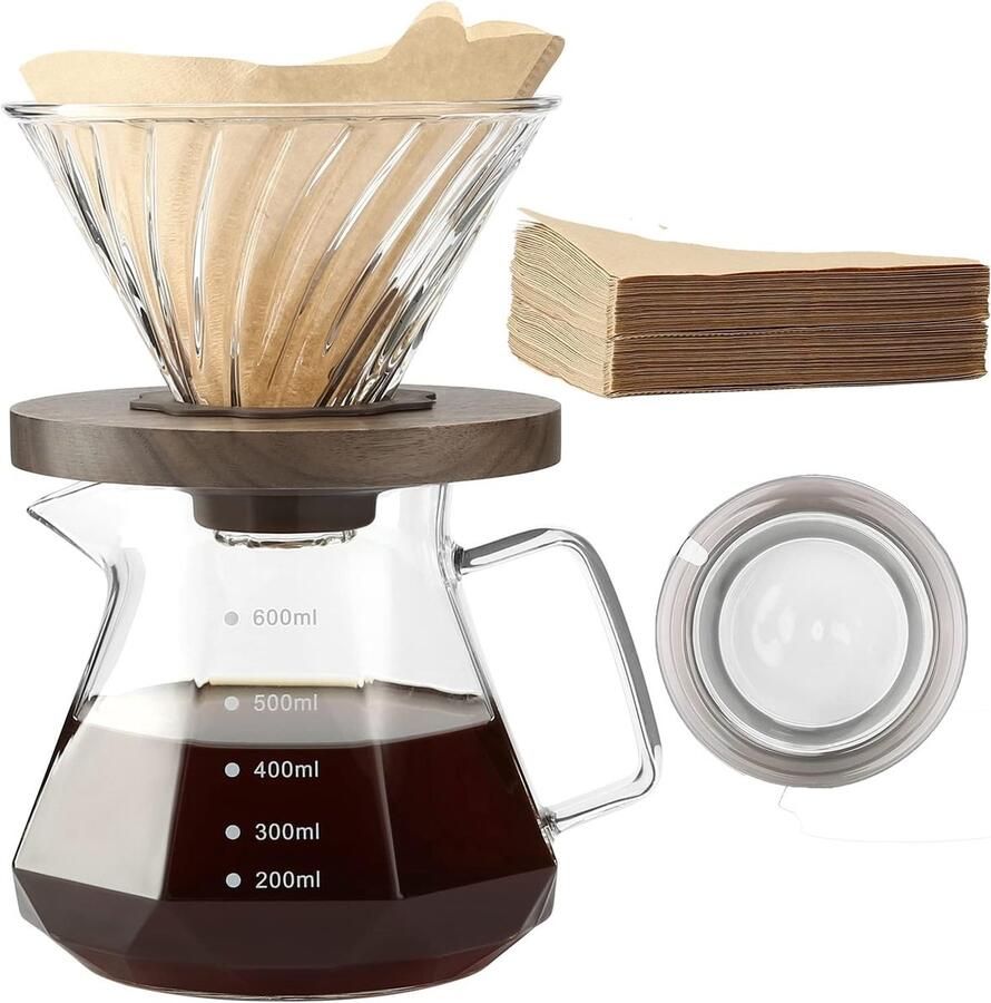 Koffiezetapparaat Pour Over 600 ml Borosilicaatglas met V02 Papierfilters Perfect voor Thuis Café en Camping