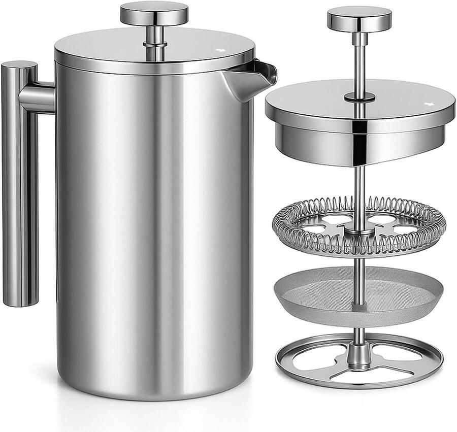 Koffiezetapparaat Roestvrij Staal Cafetière Dubbelwandig Thuis Koffie Zetten Onbreekbaar Rijk Brouwsel 1 Liter Zilverkleurig