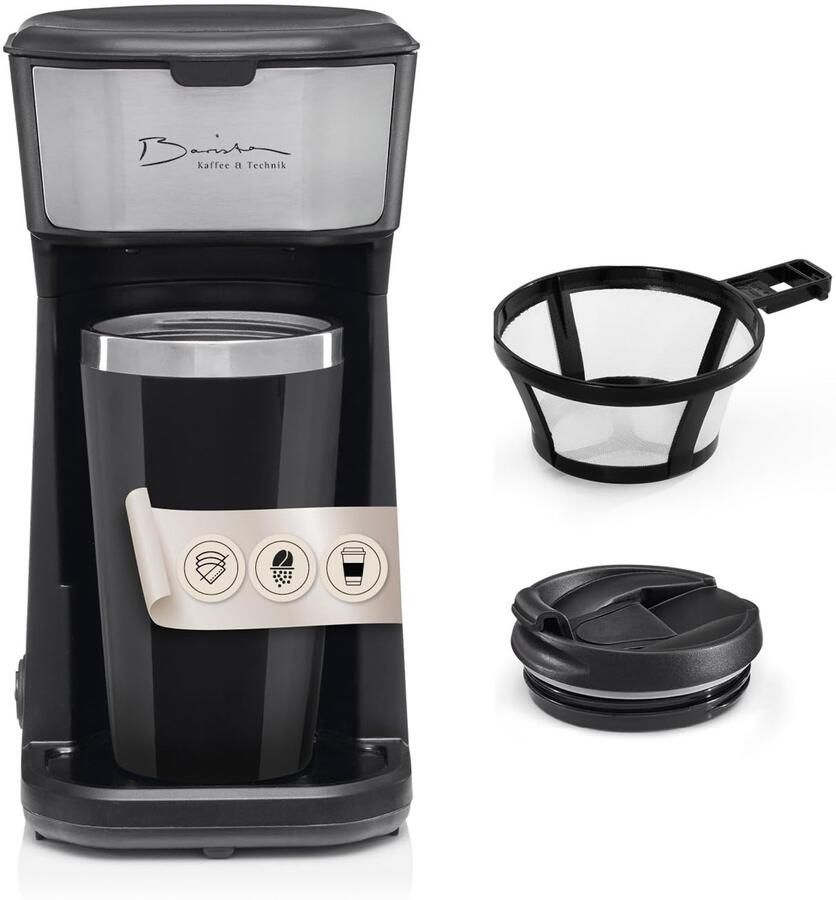 Koffiezetapparaat to go 450 watt compact filterkoffiezetapparaat met thermobeker kleine draagbare coffee to go machine incl. isolatiebeker & nylon permanent filter zwart