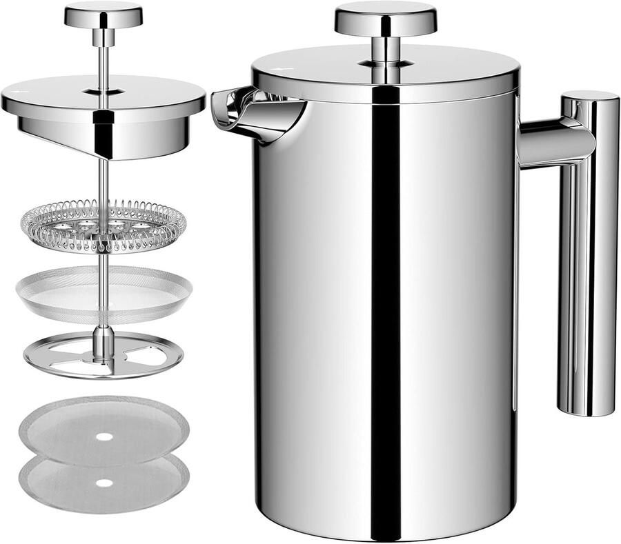 Koffiezetter French Press Koffiebereider Thermo Koffie en Thee Dubbelwandig RVS 06 liter Zilver