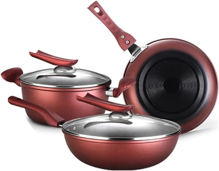 Roerbakpan met Deksel Wokpan Koekenpan Thuis Koken Antiaanbaklaag 30 cm Wijnrood