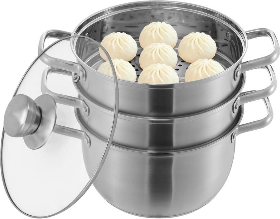 Kookpan 3 etages Stoompan Roestvrijstaal Gezond Koken Zichtbaar Deksel 24 cm Diameter Zilver