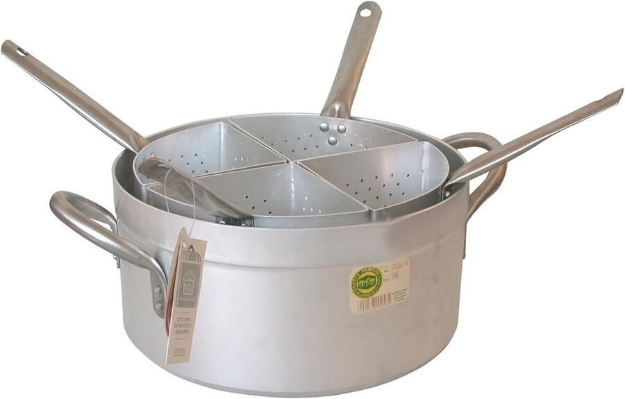 Kookpan Aluminium Keukenpan Medium Gerechten Bereiden Vier Spiesen 40 cm Diameter Gepolijst