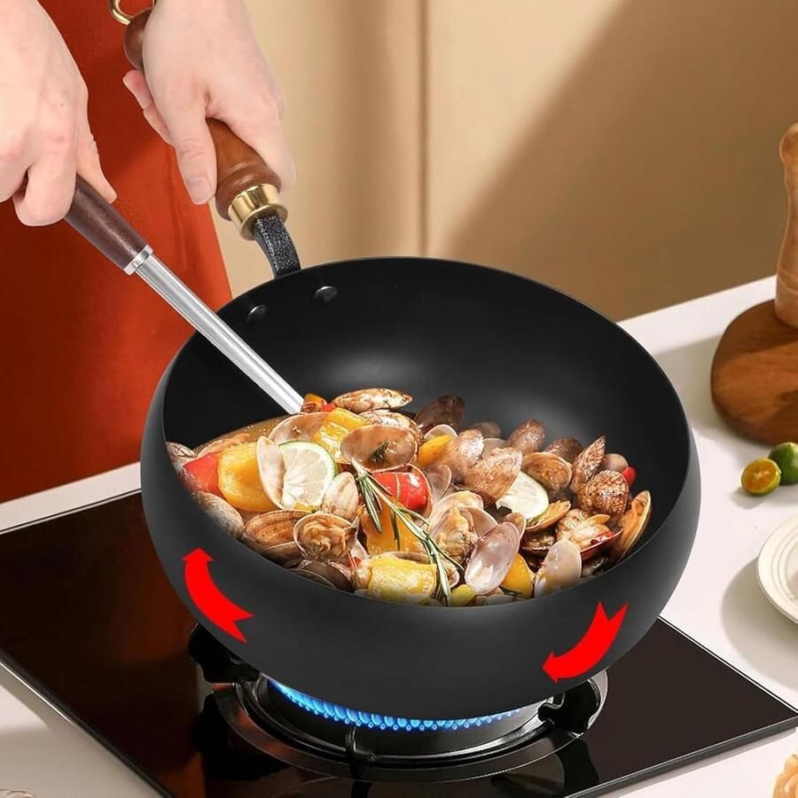 Kookpan Gietijzer Antiaanbak Pan Maaltijden Bereiden Houten Handvat 24 cm Zwart