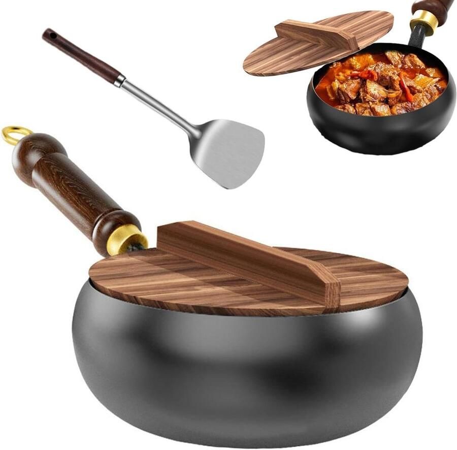 Kookpan IJzer Wokpan Hout Gezond Koken Handgesmeed Traditioneel 28 cm Natuurlijk