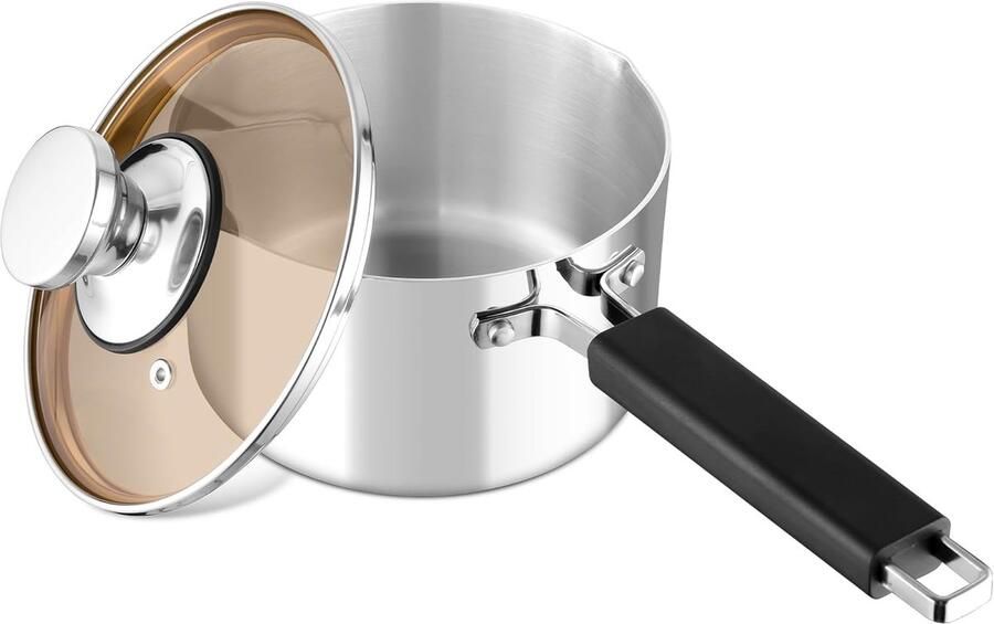 Kookpan met deksel Steelpan Melkpan Koken en Verwarmen 3-laags RVS Constructie 16 cm 1.9 L Zilverkleurig