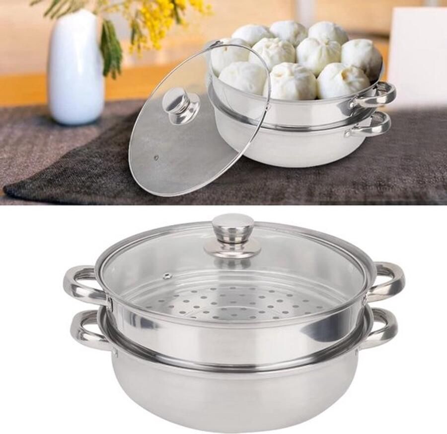 Kookpan met Dubbele Laag van RVS 27 cm Stoompan voor Soepen Stomen en Koken op Gas Elektrisch of Grill