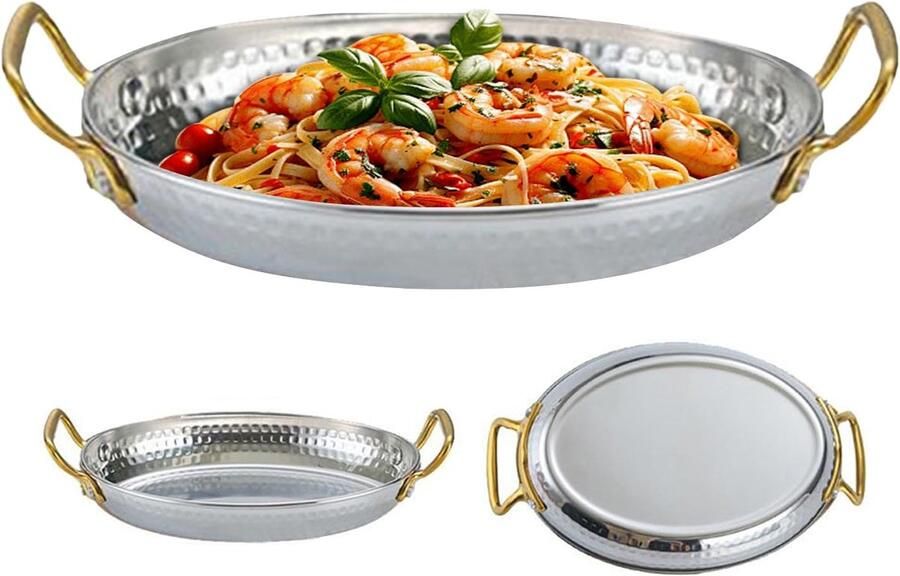 Kookpan Roestvrij Staal Paella Pan Steel Grote Maaltijden Bereiden Dubbele Handgrepen 18x12.5x3cm Zilver