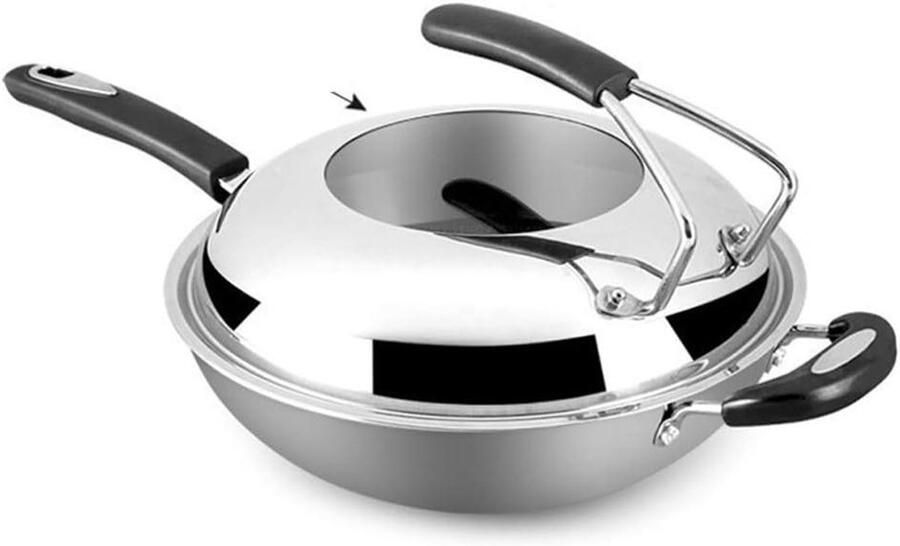 Kookpan Wokpan Koekenpan Stainless Steel Gezond Koken 3-laags Ontwerp 33 cm Zilver