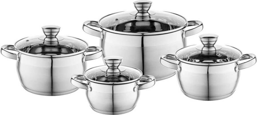 Kookpannenset van Hoogwaardig Roestvrij Staal met Glazen Deksel 8-delige Pannenset voor Inductie Gas Elektrisch