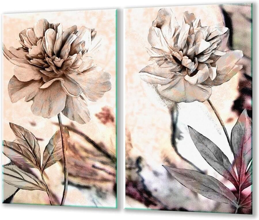 Kookplaat Afdekplaten Glasplaat Spatscherm Keuken Beschermen 2-Delig Gehard Glas 30 x 52 cm Bloemen Beige