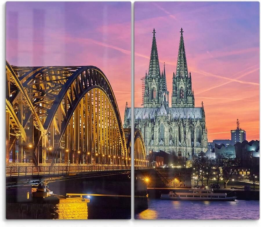 Kookplaat Afdekplaten Glazen Platen Fornuis Bescherming Keuken 3D Diepte Effect 2x 30x52 cm Avond Stadsgezicht