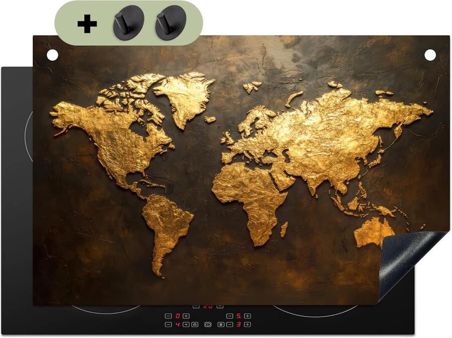 Kookplaat Beschermer Aanrecht Mat Keuken Decoratie 2-in-1 Splash Guard 52x81 cm Goud Wereldkaart