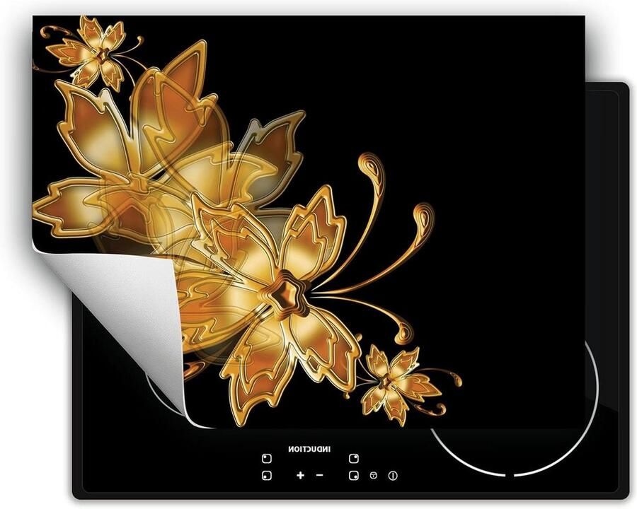 Kookplaat Beschermer Afdekplaat Mat Inductiekookplaat Beschermen Antislip Vinyl 70x52 cm Zwart Goud Bloemen