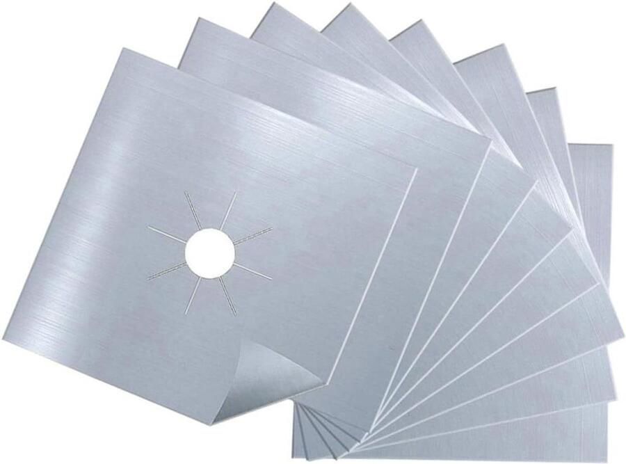 Kookplaat Beschermers Gas Pitten Mat Koken Schoonhouden Antiaanbaklaag Makkelijk 8 Stuks 27x27cm Zilver - Foto 1