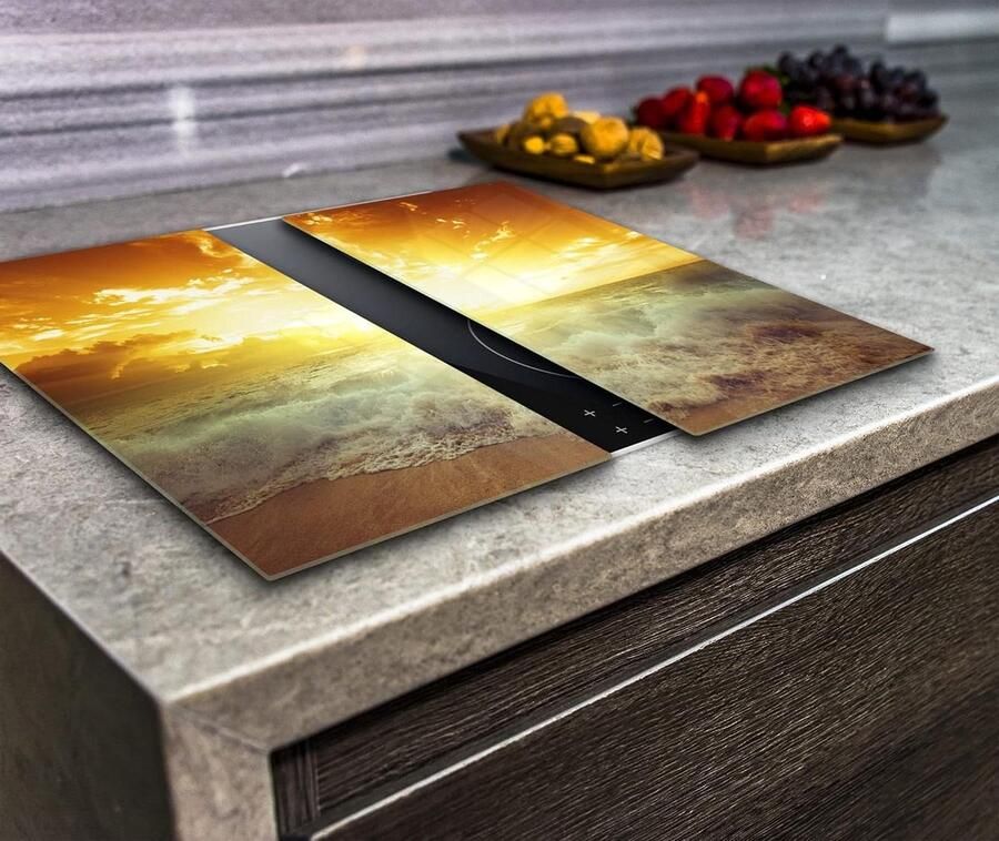 Kookplaat Cover Inductie elektrisch fornuis snijplank gehard glas zeegolven set van 2 VA Art Glass (2x breed 30 x hoogte 52 cm)