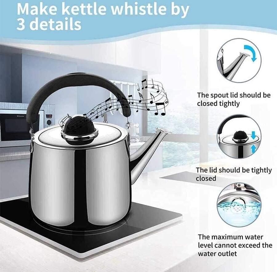 Kookplaat Ketel Theepot Roestvrijstaal Water Koken Automatische Fluittoon 6L Capaciteit Zilver