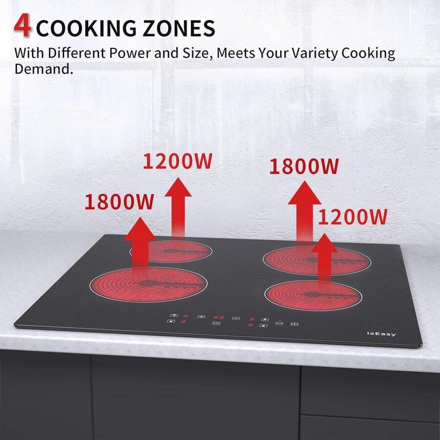 Kookplaat met 4 zones Vitrokeramische Inbouwplaat met Timer en 6000 W