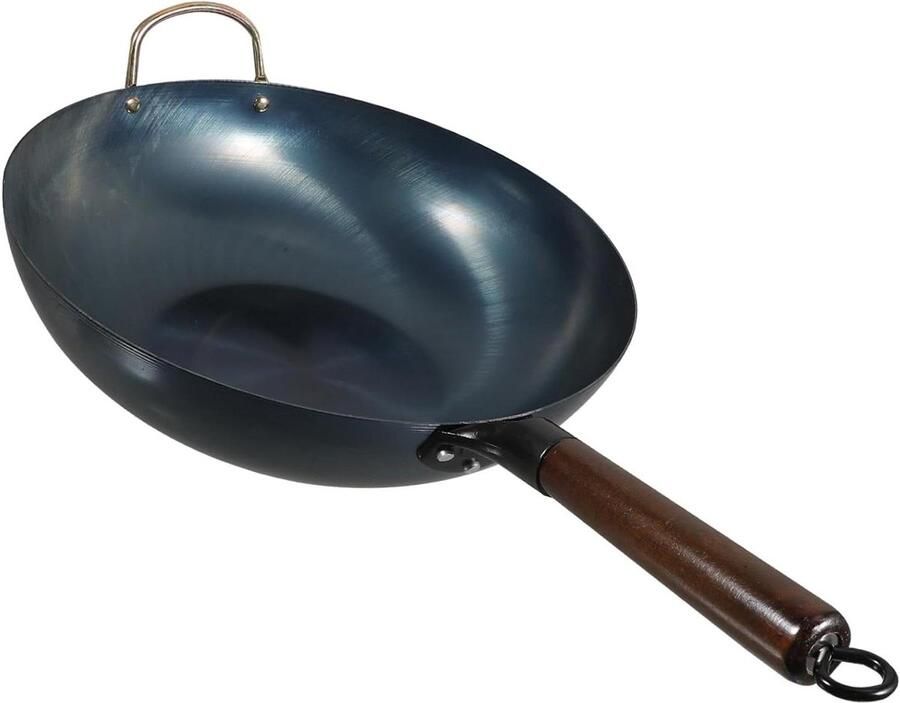 Kookpot Ijzeren Wok Roerbakpan Hout Thuis Koken Gelijkmatige Warmteverdeling 32 cm Diameter Zwart