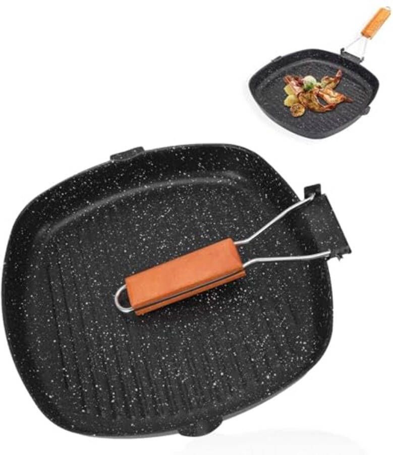 Koolstof Staal Grillpan met Opvouwbare Handvat Antiaanbak Pannen voor Vlees Vis en Groenten (28x28cm)