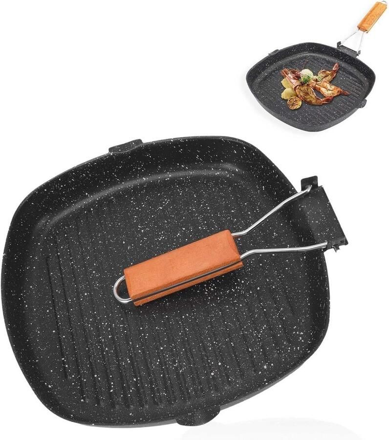 Koolstof Staal Grillpan met Opvouwbare Handvat Antiaanbak Pannen voor Vlees Vis en Groenten (28x28cm)
