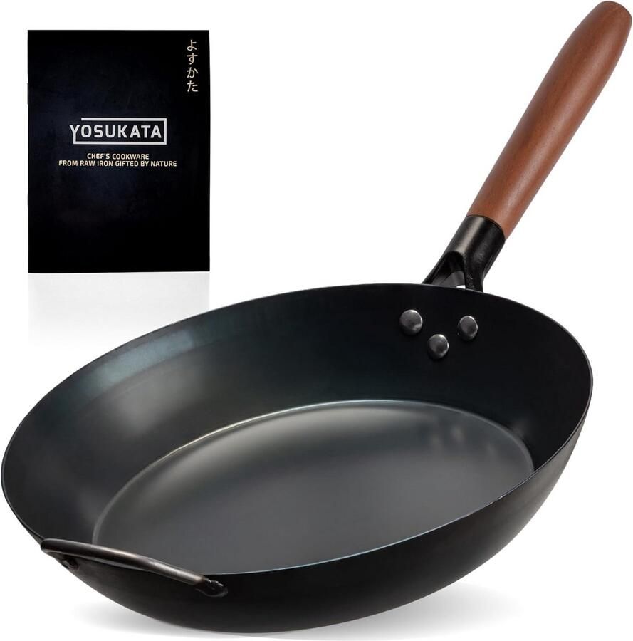 Koolstofstaal Pan 30 cm Ovenvaste Pan met Afneembaar Houten Handvat Geschikt voor Inductie