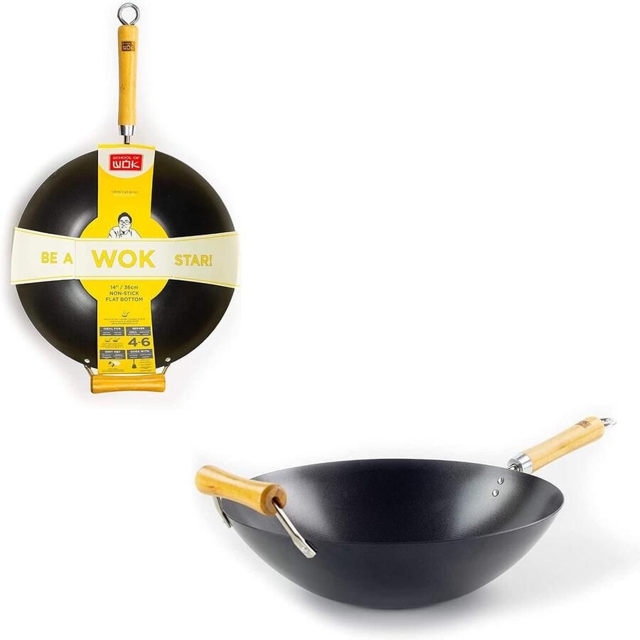 Koolstofstaal Wok Roerbakpan Aziatisch Koken Koel bamboe handvat 36 cm Zilver