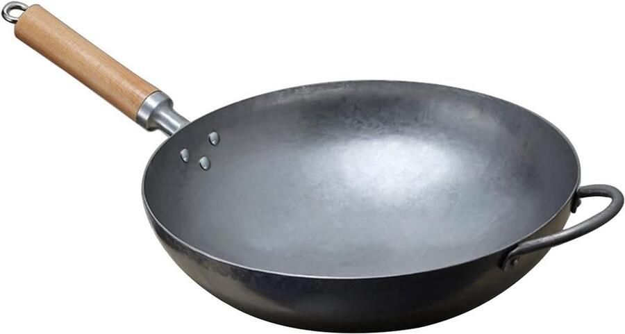 Koolstofstaal Wok Handgehamerde Pan Authentiek Koken Afneembaar Handvat 36 cm Zwart