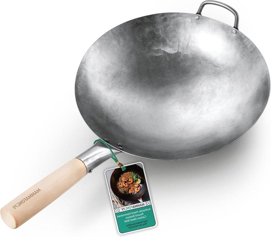 Koolstofstaal Wok Pan Roerbakpan Wok Authentiek Koken Handgehamerd Ontwerp 35 cm Zilver
