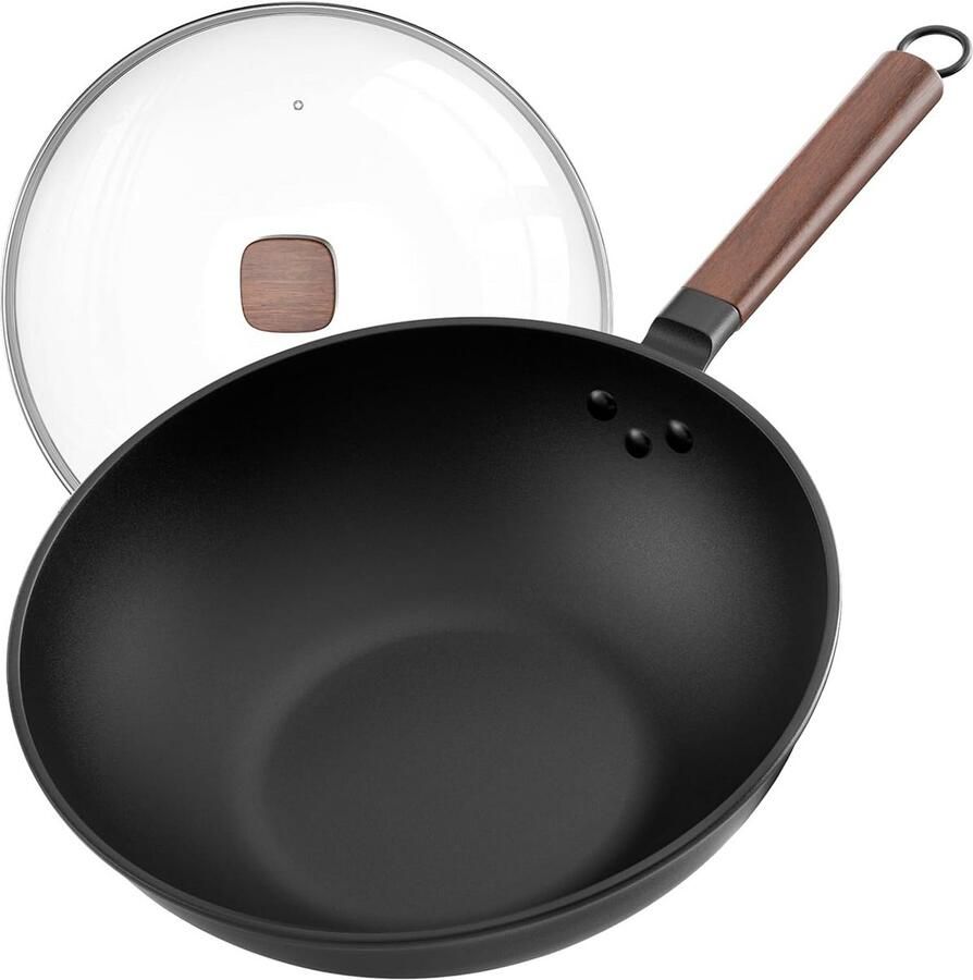 Koolstofstaal Wok Roerbakpan Aziatisch Koken Zonder Chemische Coating 33 cm Zwart