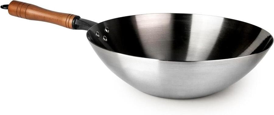 Wokpan Koolstofstaal Roerbakpan Professioneel Koken Natuurlijke Antiaanbaklaag 32 cm Zwart