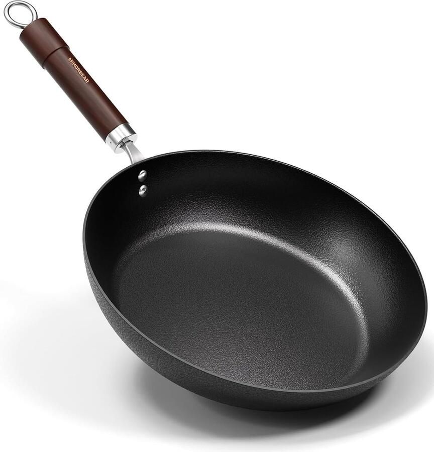 Koolstofstalen Koekenpan met Hout Keuken Koken Natuurlijke Antiaanbaklaag 30 cm Diameter Zwart