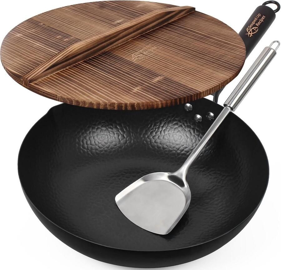 Koolstofstalen Pan Chinese Wok Veelzijdig Koken Voorbehandeld met olie 34 cm Zwart