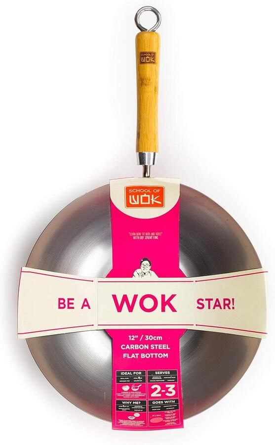 Koolstofstalen Wok 30cm met Platte Bodem en Bamboe Handvat Ideaal voor Aziatisch Koken