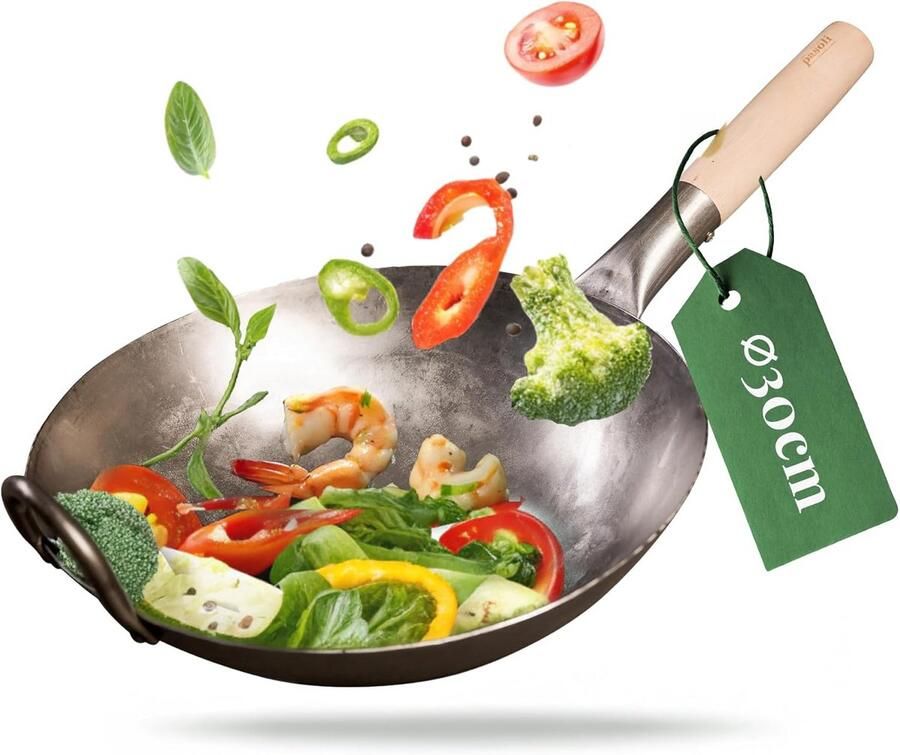 Koolstofstalen Wok Handgehamerd Keukengerei Roerbakken en Koken Natuurlijke Antiaanbaklaag 30 cm Diameter Zwart