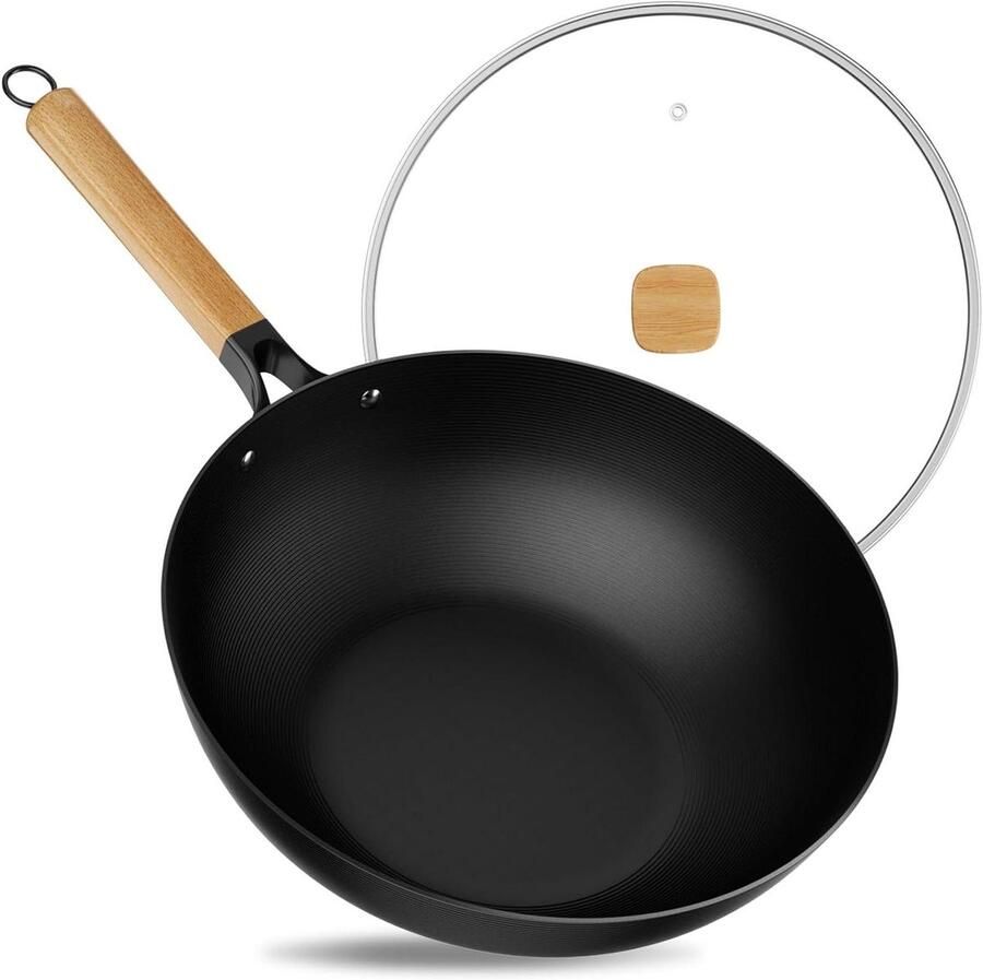 Koolstofstalen Wok Koekenpan Aziatisch Aziatische Gerechten Koken Pans Zonder Coating 30 cm Zwart