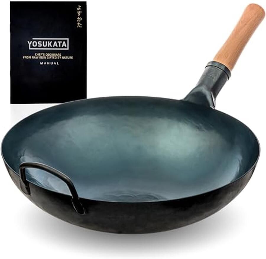 Koolstofstalen Wok Oosterse Pan Authentiek Koken Voorverwarmd Ontwerp 36 cm Diameter Blauw