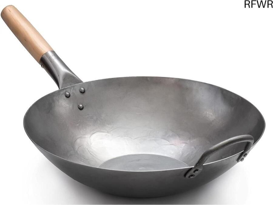 Koolstofstalen Wok Oosterse Pan Roerbakken en Koken Handgesmeed Plat Bodem 35.5 cm Zilver Houtkleur
