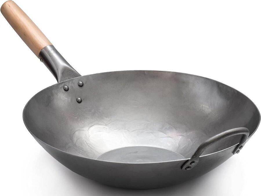 Koolstofstalen Wok Oosterse Pan Roerbakken en Koken Handgesmeed Plat Bodem 35.5 cm Zilver Houtkleur - Foto 1