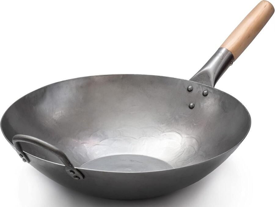 Koolstofstalen Wok Wokpan Platte Bodem Roerbakken en Koken Handgehamerd Ontwerp 35.5 cm Zilver Houtkleur