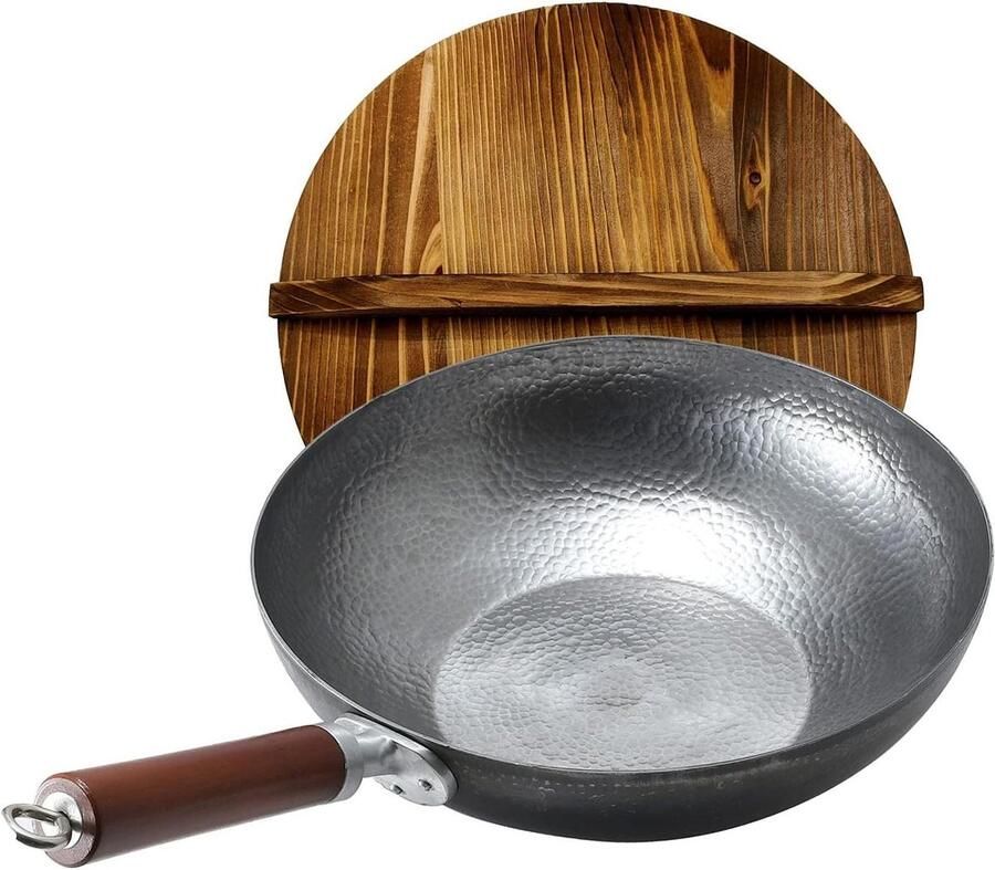 Koolstofstalen Wok Platte bodem pan Aziatisch koken Handgehamerd design 32 cm Zwart